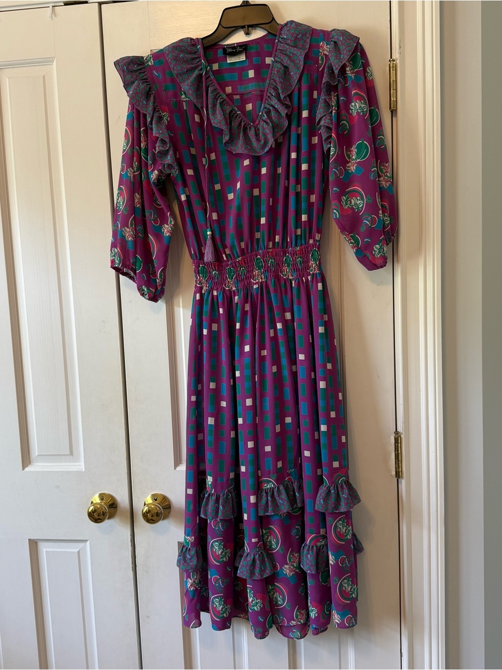 Vintage 80s Diane Freis Purple Ruffle Geometric & Flower Print Midi Dress